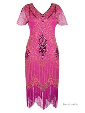 1920s Sequin Flapper Dress V Neck Short Sleeve Gatsby Cocktail